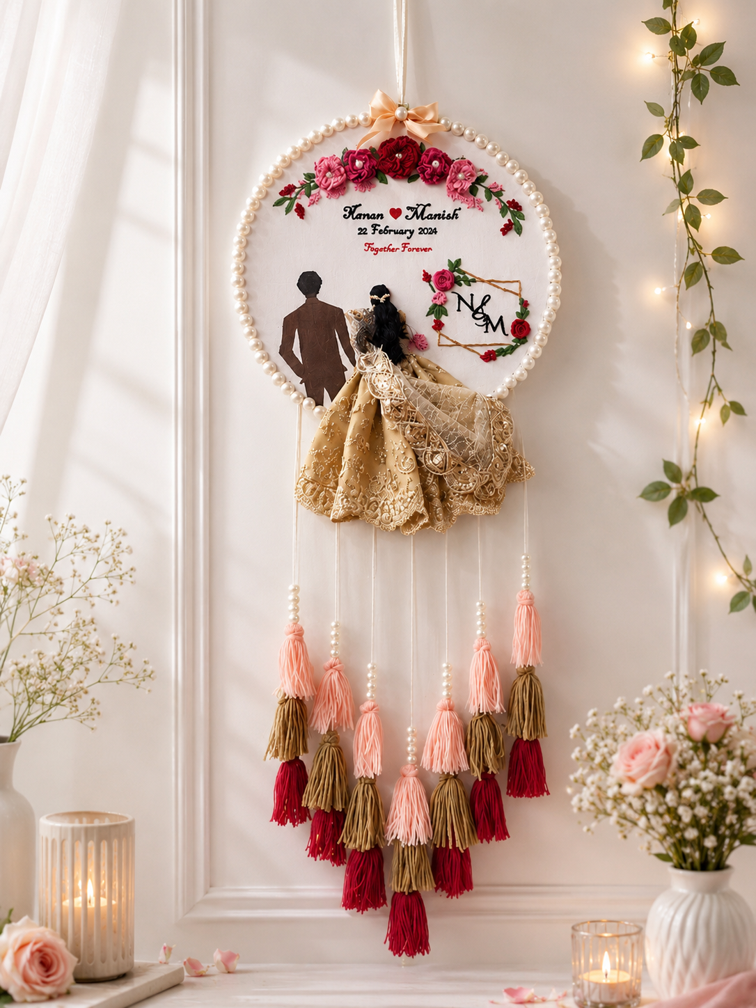INFINITY CREATIONS Personalized 3D Wedding Embroidery Hoop | Custom Couple Names & Tassel Gift