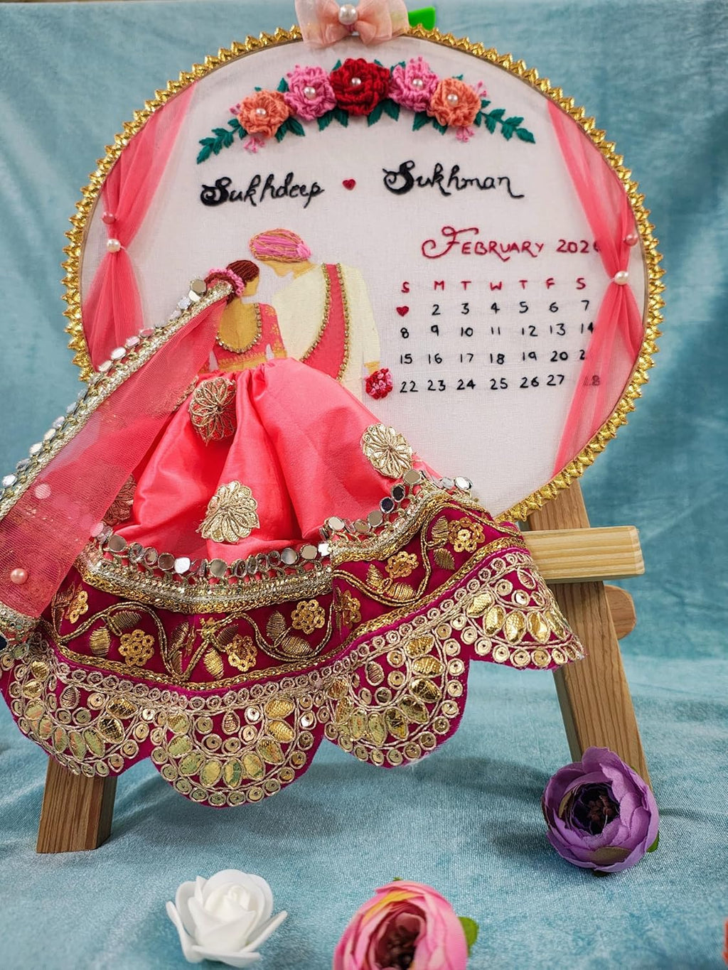 INFINITY CREATIONS Personalized Gota Patti Wedding Embroidery Hoop | Custom Couple Names & Calendar Gift