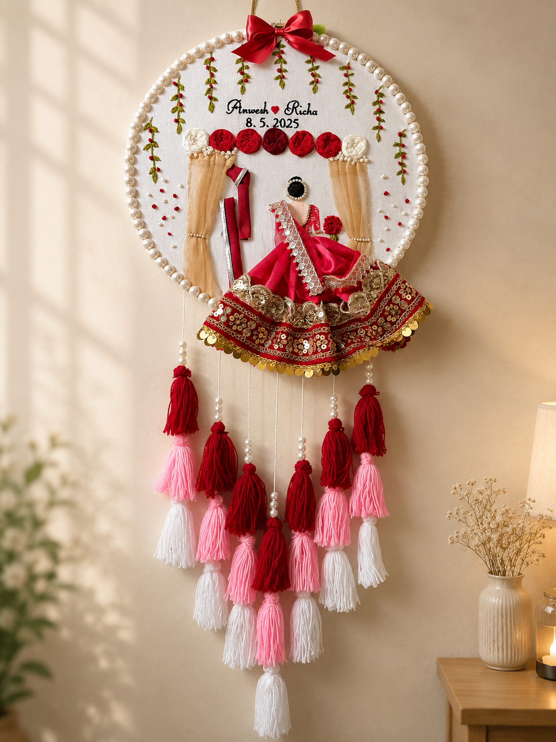 INFINITY CREATIONS Personalized 3D Punjabi Bridal Veena Curtain Hoop | Custom Couple Names Gift