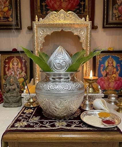 INFINITY CREATIONS Premium White Metal Mangal Kalash | Pooja & Mandir Decor