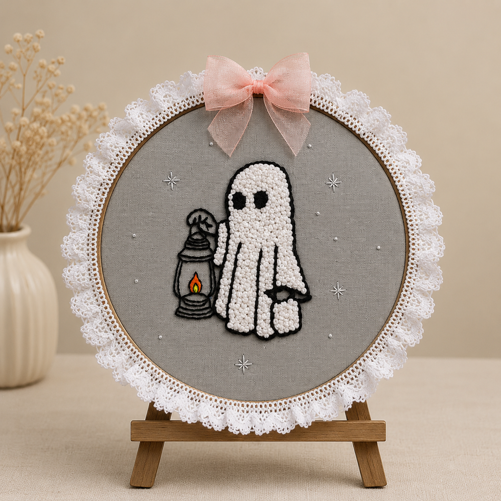 INFINITY CREATIONS Handmade 3D Punch-Needle Ghost Embroidery Hoop | Halloween Wall Décor