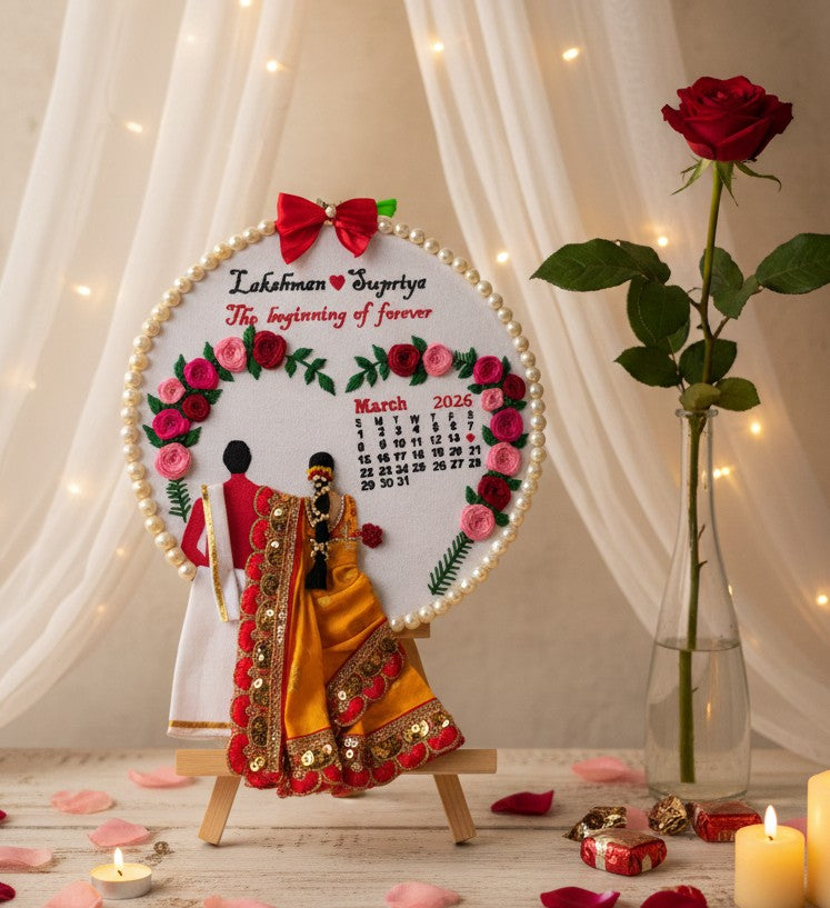 INFINITY CREATIONS Personalized 3D South Indian Wedding Embroidery Hoop | Custom Couple Names Gift