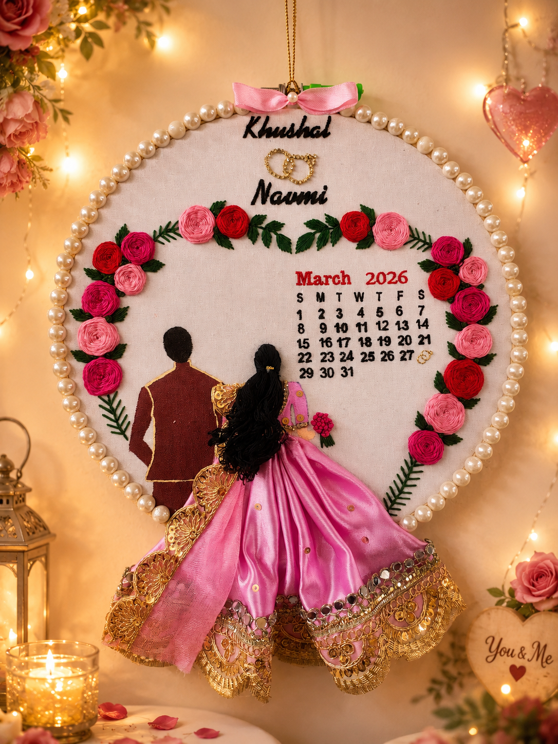 INFINITY CREATIONS Personalized 3D Engagement Heart Wreath Hoop | Custom Couple Names & Date Gift