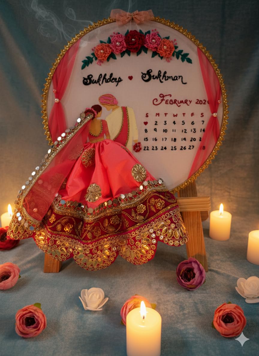 INFINITY CREATIONS Personalized Gota Patti Wedding Embroidery Hoop | Custom Couple Names & Calendar Gift