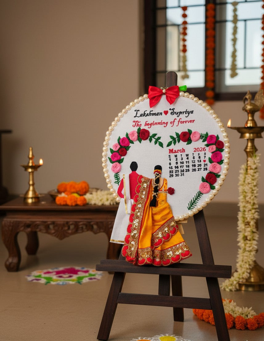 INFINITY CREATIONS Personalized 3D South Indian Wedding Embroidery Hoop | Custom Couple Names Gift