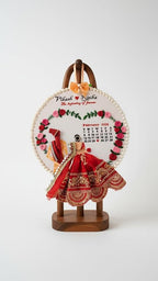 INFINITY CREATIONS Customized Wedding Embroidery Hoop Frame | Handcrafted Hoop with Floral Design, Pearl Border & Calendar Display | Personalized Couple Names | Marriage, Anniversary Gifts | Red and Pink Theme Keepsake Gift (10 Inch)