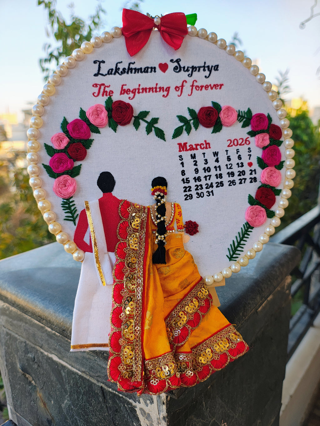 INFINITY CREATIONS Personalized 3D South Indian Wedding Embroidery Hoop | Custom Couple Names Gift