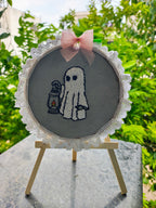 INFINITY CREATIONS Handmade 3D Punch-Needle Ghost Embroidery Hoop | Halloween Wall Décor