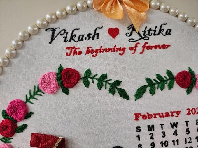 INFINITY CREATIONS Customized Wedding Embroidery Hoop Frame | Handcrafted Hoop with Floral Design, Pearl Border & Calendar Display | Personalized Couple Names | Marriage, Anniversary Gifts | Red and Pink Theme Keepsake Gift (10 Inch)