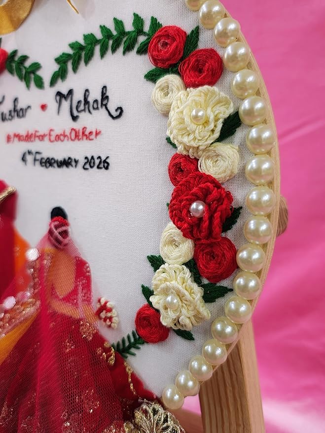 INFINITY CREATIONS Customized Wedding Embroidery Hoop Frame | Pearl Border, Floral Design, Personalized Couple Name and Date, Marriage Anniversary Engagement Gift
