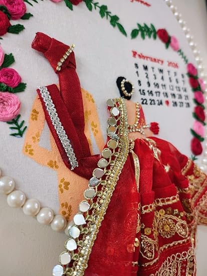 INFINITY CREATIONS Customized Wedding Embroidery Hoop Frame | Handcrafted Hoop with Floral Design, Pearl Border & Calendar Display | Personalized Couple Names | Marriage, Anniversary Gifts | Red and Pink Theme Keepsake Gift (10 Inch)