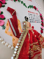 INFINITY CREATIONS Customized Wedding Embroidery Hoop Frame | Handcrafted Hoop with Floral Design, Pearl Border & Calendar Display | Personalized Couple Names | Marriage, Anniversary Gifts | Red and Pink Theme Keepsake Gift (10 Inch)