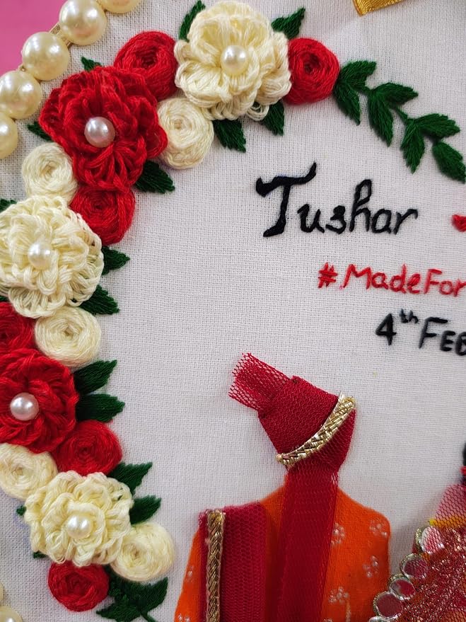 INFINITY CREATIONS Customized Wedding Embroidery Hoop Frame | Pearl Border, Floral Design, Personalized Couple Name and Date, Marriage Anniversary Engagement Gift
