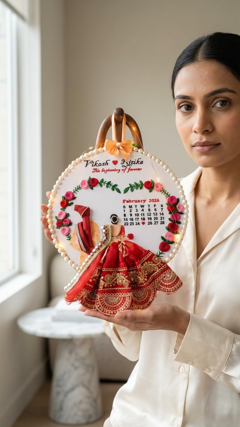 INFINITY CREATIONS Customized Wedding Embroidery Hoop Frame | Handcrafted Hoop with Floral Design, Pearl Border & Calendar Display | Personalized Couple Names | Marriage, Anniversary Gifts | Red and Pink Theme Keepsake Gift (10 Inch)