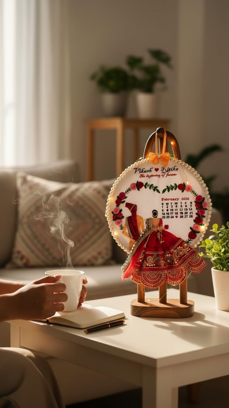 INFINITY CREATIONS Customized Wedding Embroidery Hoop Frame | Handcrafted Hoop with Floral Design, Pearl Border & Calendar Display | Personalized Couple Names | Marriage, Anniversary Gifts | Red and Pink Theme Keepsake Gift (10 Inch)