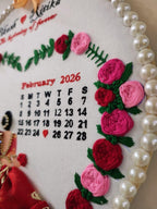 INFINITY CREATIONS Customized Wedding Embroidery Hoop Frame | Handcrafted Hoop with Floral Design, Pearl Border & Calendar Display | Personalized Couple Names | Marriage, Anniversary Gifts | Red and Pink Theme Keepsake Gift (10 Inch)
