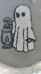 INFINITY CREATIONS Handmade 3D Punch-Needle Ghost Embroidery Hoop | Halloween Wall Décor