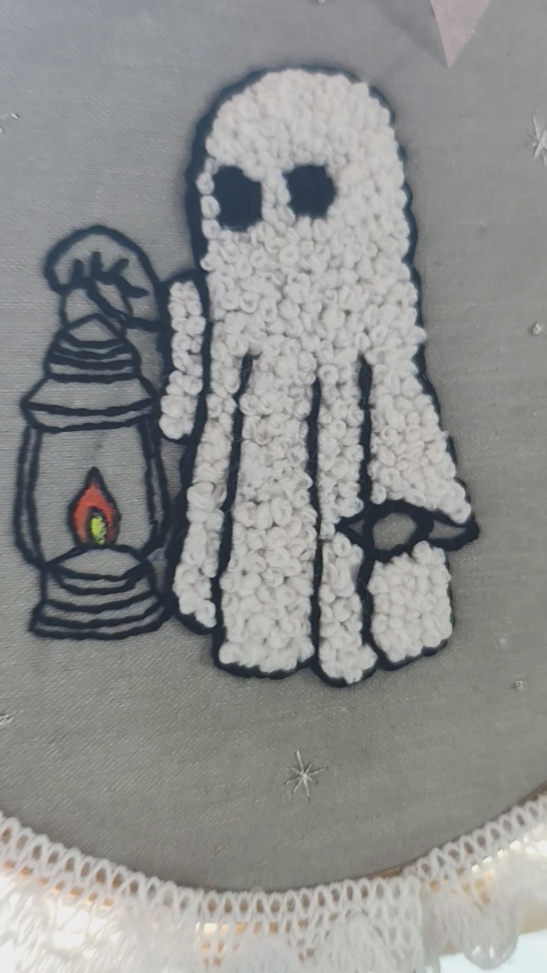 INFINITY CREATIONS Handmade 3D Punch-Needle Ghost Embroidery Hoop | Halloween Wall Décor